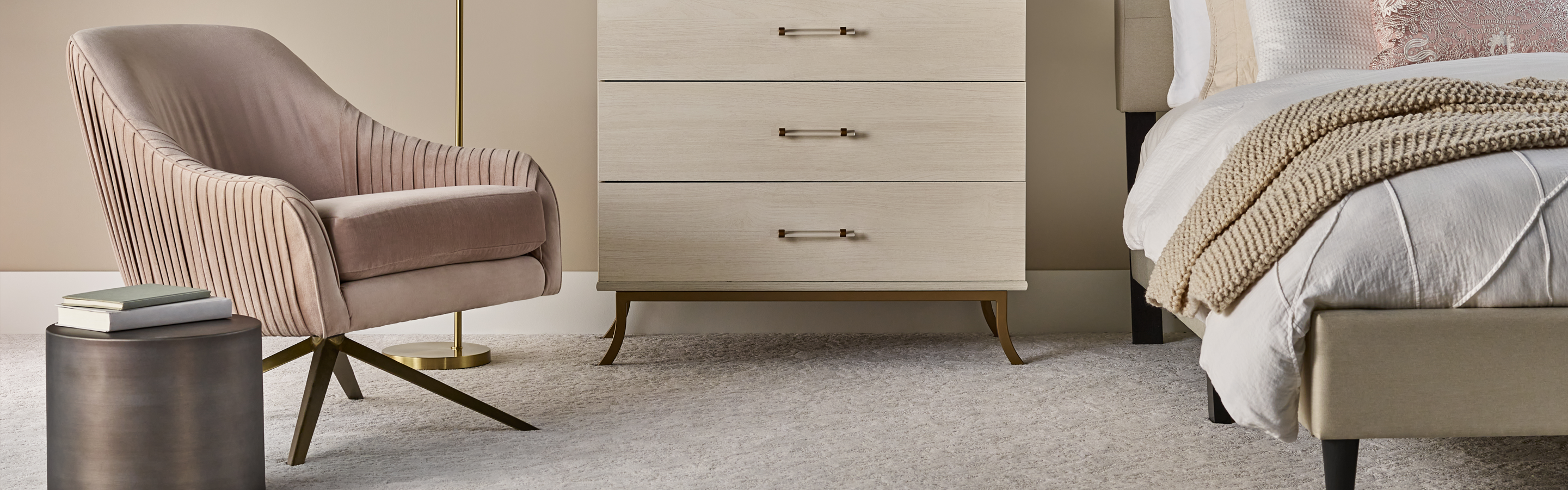 Beige wall bedroom with matching carpet 